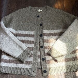 Cozy Striped Button-Up Cardigan Sweater - Taupe & Cream